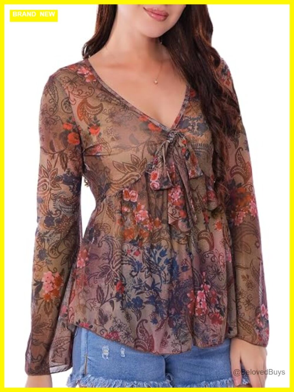 Bell Sleeve Boho Mesh Peplum Top V Neck Tie Front Blouse